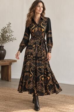 Endless Moon Black Gold Baroque Pegasus Print Satin Maxi Shirt Dress NWT Size S